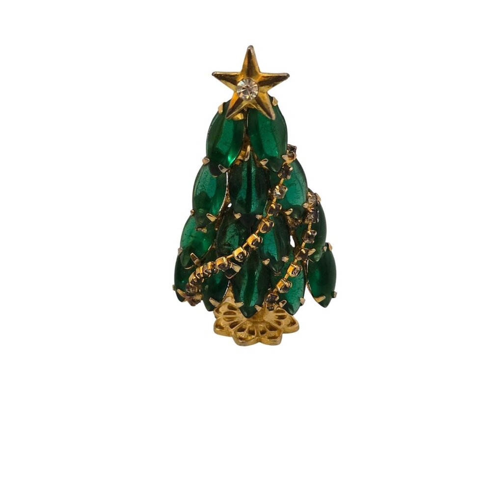 Vintage Unsigned Standing Glass & Rhinestone Christmas Tree Brooch (A8047)